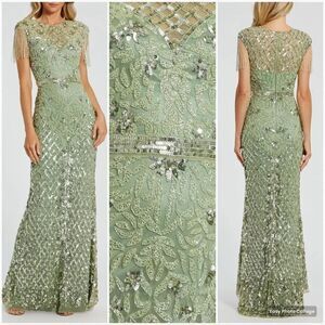 MAC DUGGAL 4908 Size 2 High Neck Sleeveless Beaded Fringe Fitted Gown Dress